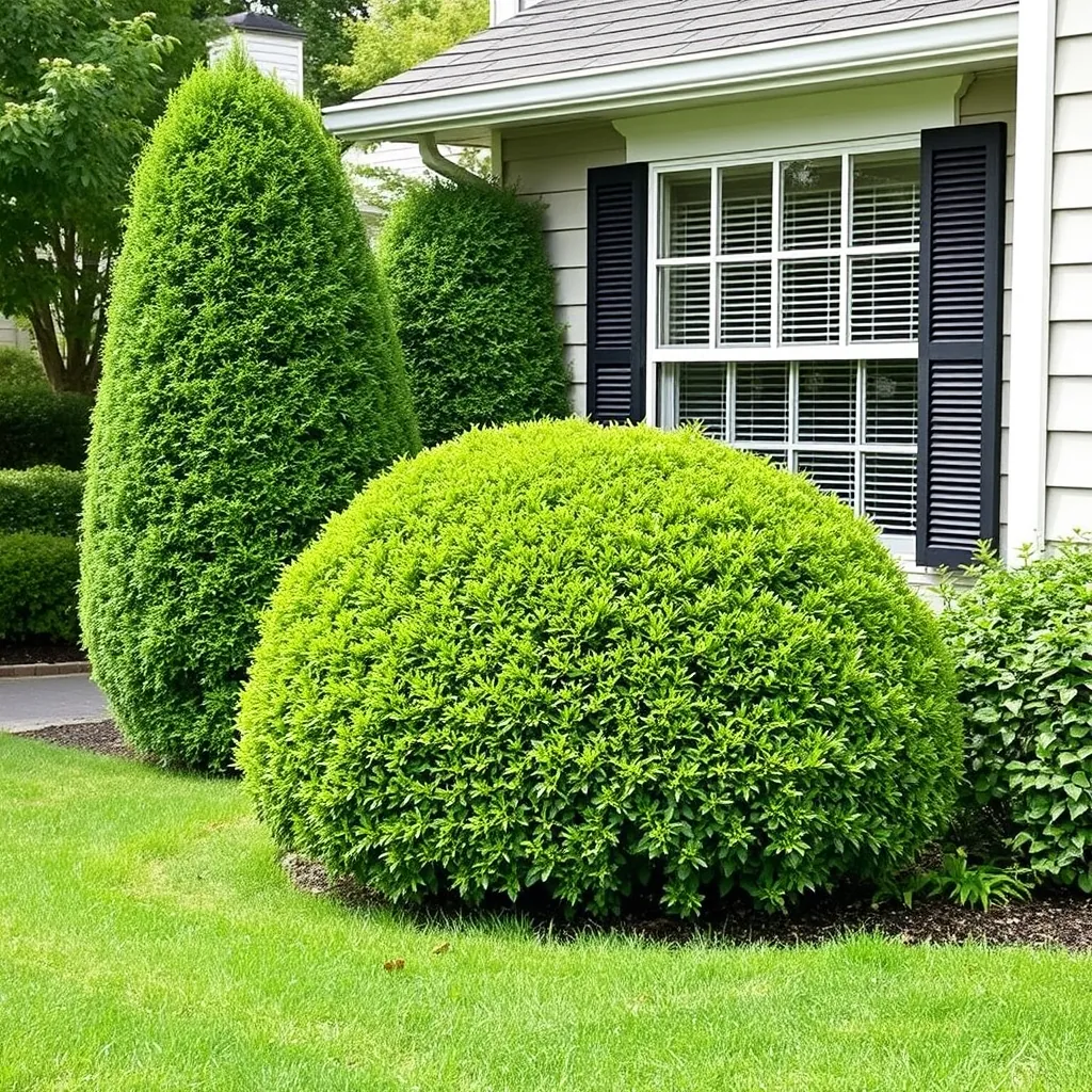 Neatly shaped hedges and shrubs in a front yard