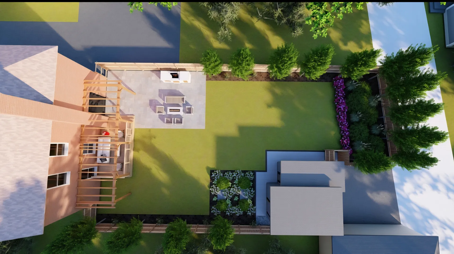 3D design rendering of a backyard patio and lawn for a North York property